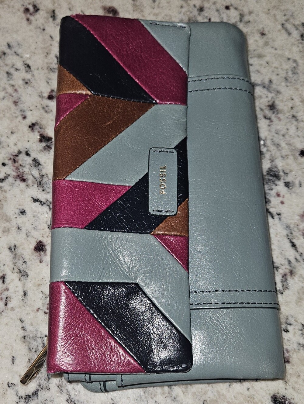 Fossil Colorblock Leather Wallet in Slate Blue, Pink, Black & Brown